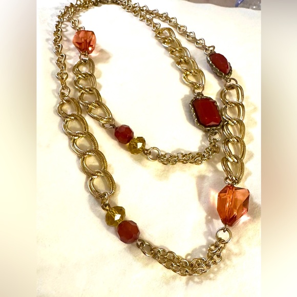 Necklace 39"LONG HOLIDAYCOLORS : Cranberry.Amber.Citrine all acrylic, rich tones - Picture 2 of 9